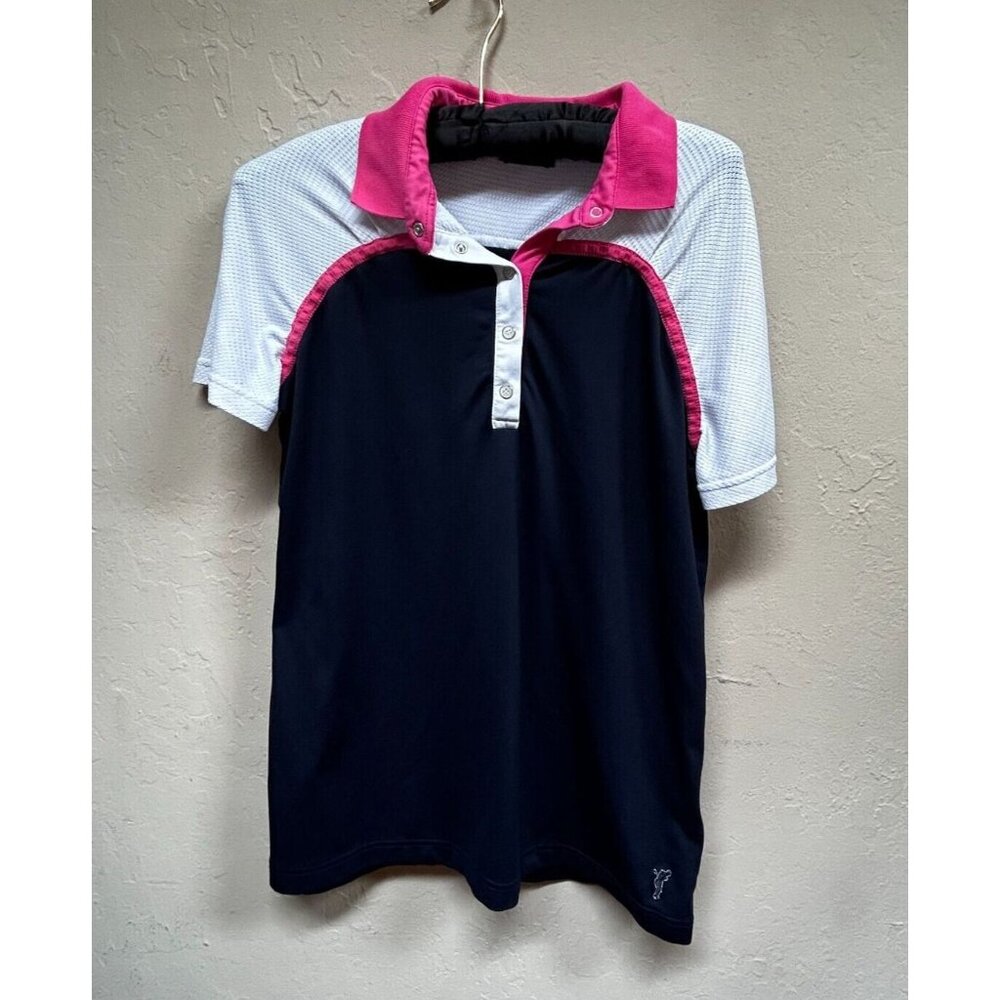 Golfino PT Mesh Contrast Golf Polo Shirt Navy White Short Sleeve Women's Size 12